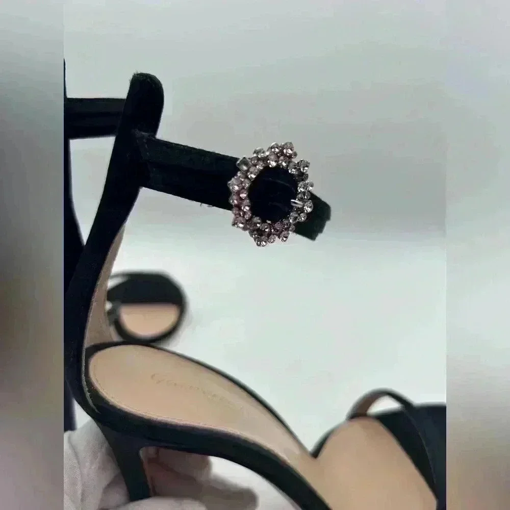 GIANVITO ROSSI Ava Crystal Embellished Satin Sandals Heels Black Size 37 - Picture 10 of 14